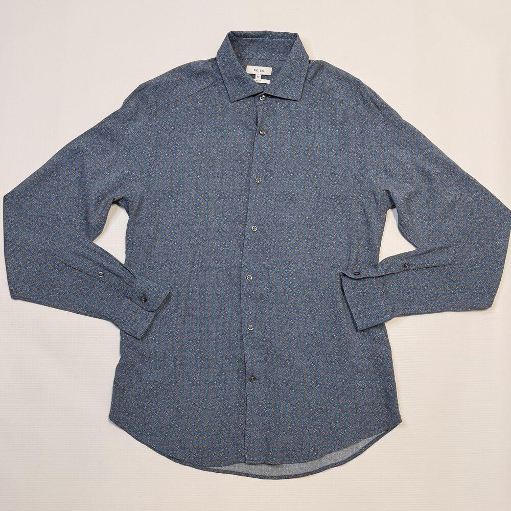 Reiss Dress Shirt Mens Medium Blue Geometric Royale Slim Fit 100% Viscose